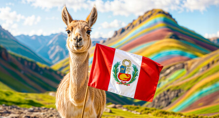 Vicuña and Peru Flag with Coat of Arms Emblem on It on Rainbow Mountains Landscape in Background
