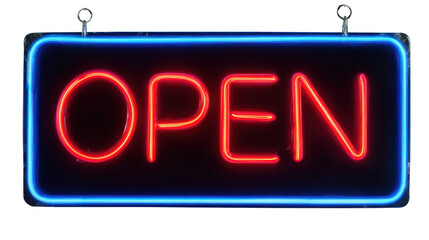 Red neon open sign with blue border isolated on transparent background