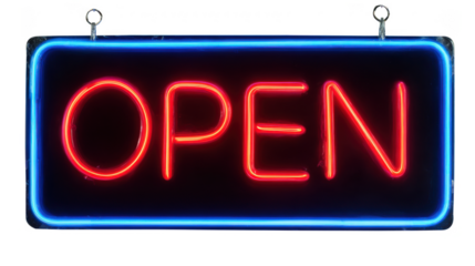 Red neon open sign with blue border isolated on transparent background