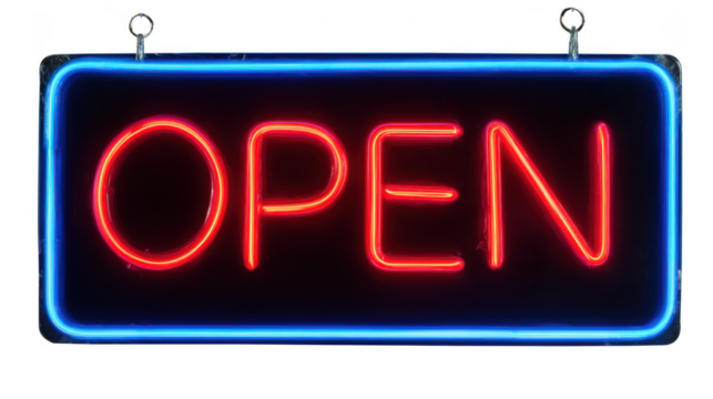 Red neon open sign with blue border isolated on transparent background