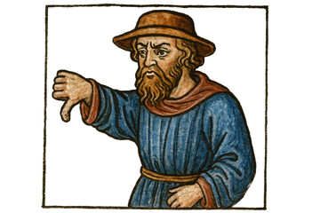 A man gives a thumbs down, symbolizing disapproval or rejection. Medieval manuscript style, conceptual image. Isolated on transparent background.