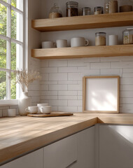 Cozy kitchen corner with wooden countertop, white ceramic cups, glass jars, and sunlight streaming through window