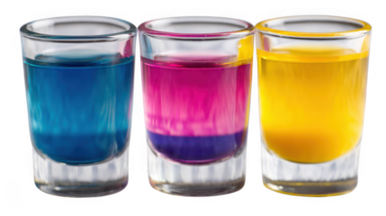 Three shot glasses filled with cyan magenta and yellow liquids isolated on transparent background