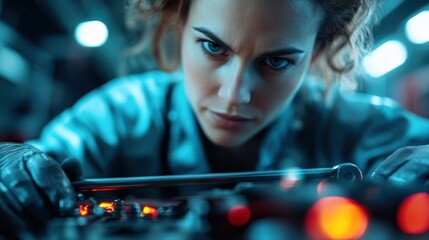 A determined woman intensely engaged in the precise operation of machinery components, illustrating the blend of technology, skill, and persistence in her craft.