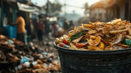 An intense image capturing a waste dump overflowing with discarded food, highlighting issues of sustainability, waste management, and environmental concerns in urban areas.