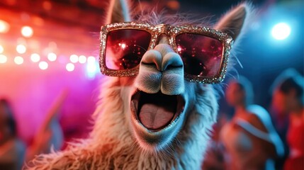 This entertaining image features a cheerful llama sporting glittering sunglasses at a lively party, embodying fun, celebration, and joyful moments in vibrant colors.