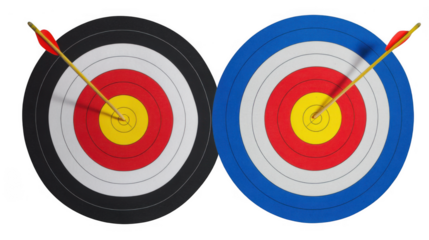 Two archery targets with arrows hitting the bullseye, isolated on transparent background