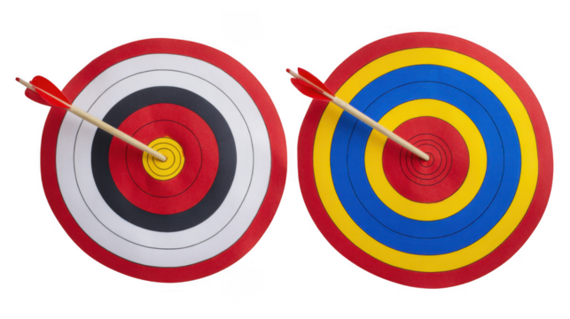 Two archery targets with arrows hitting the bullseye isolated on transparent background