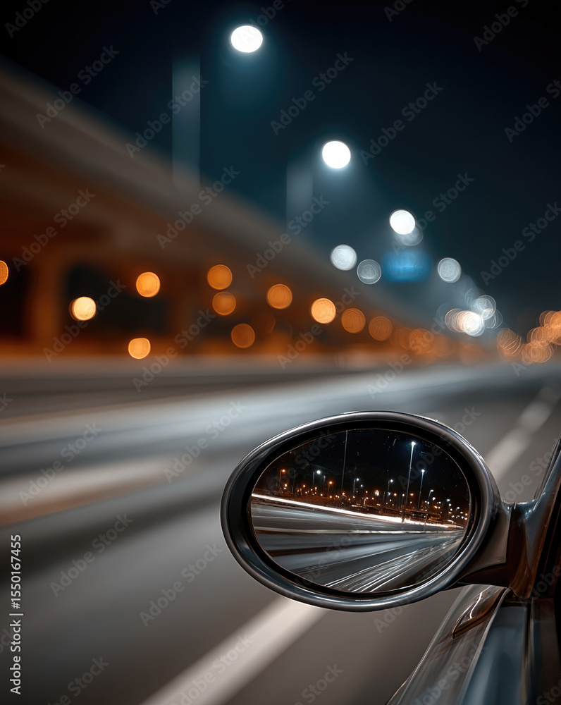Poster car side mirror reflecting blurred city lights on nighttime highway, motion and speed create dynamic