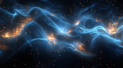 Swirling blue mesh waves dance in a cosmic black digital landscape