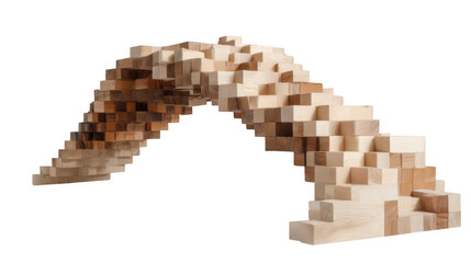 Fototapeta premium Wooden block bridge structure isolated on transparent background, forming an arch with varying shades of brown and beige wood blocks