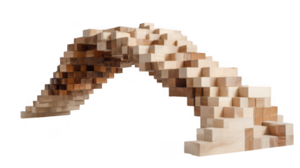Wooden block bridge structure isolated on transparent background, forming an arch with varying shades of brown and beige wood blocks