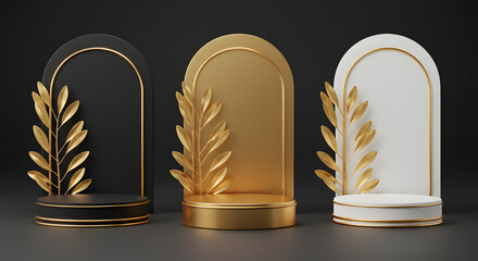 Three elegant podiums with gold accents and decorative leaves in black gold and white colors