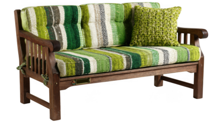 Wooden garden bench with green striped cushions and a pillow, isolated on transparent background