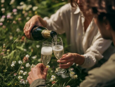 romantic couple enjoying a celebration drink in the meadow