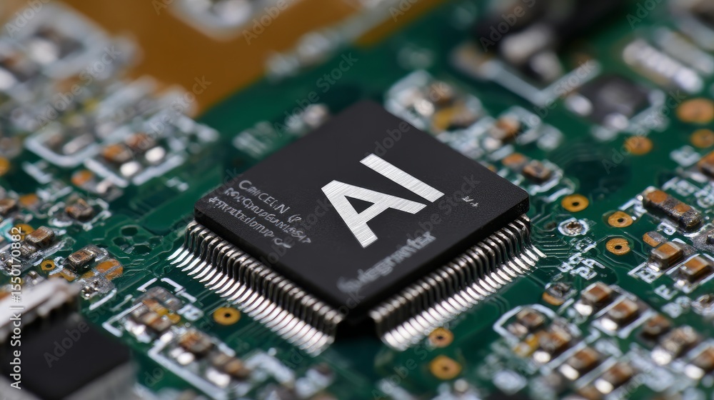 Poster ai-themed circuit board featuring a microchip marked 