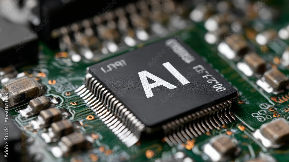 Poster ai-themed circuit board featuring a microchip marked 