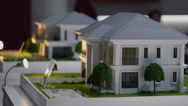 Miniature model of contemporary house surrounded by trees. Real estate exhibition presents modern private residence featuring floor-to-ceiling windows and spacious courtyard
