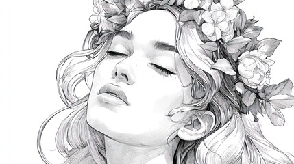 Fototapeta premium Grayscale portrait of a woman with floral crown