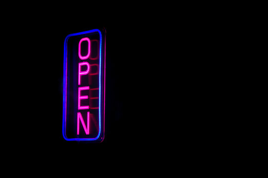 neon sign open blue pink purple