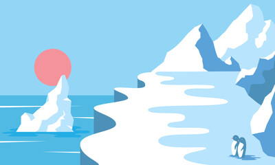 Vector minimal illustration of Antarctic scenery with two penguins, ice cliffs, floating iceberg, pink sun, and cold ocean. Suitable for polar wildlife, nature, and climate themes.