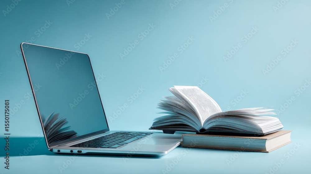 Poster laptop and open book placed on a light blue gradient background symbolizing digital learning