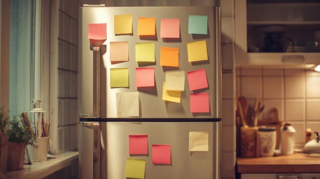 Magnetic noteboard with sticky notes attached to a refrigerator in a kitchen setting
