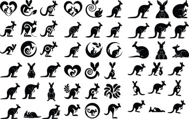 Mother Kangaroo and Joey Silhouette Pack – High-Quality Animal Icons Kangaroo with Baby Icon Silhouette Set – Wildlife Animal Vector Collection