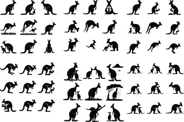 Mother Kangaroo and Joey Silhouette Pack – High-Quality Animal Icons Kangaroo with Baby Icon Silhouette Set – Wildlife Animal Vector Collection
