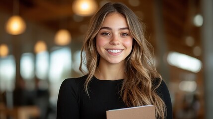 Fototapeta premium A young woman with long hair, smiling brightly while holding a notebook, set in a stylish interior, radiating positivity and warmth in a modern environment.