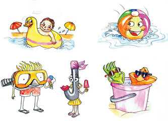 Funny summer illustrations showing beach accessories enjoying holidays