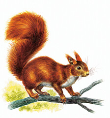 Red squirrel standing on a branch in the forest