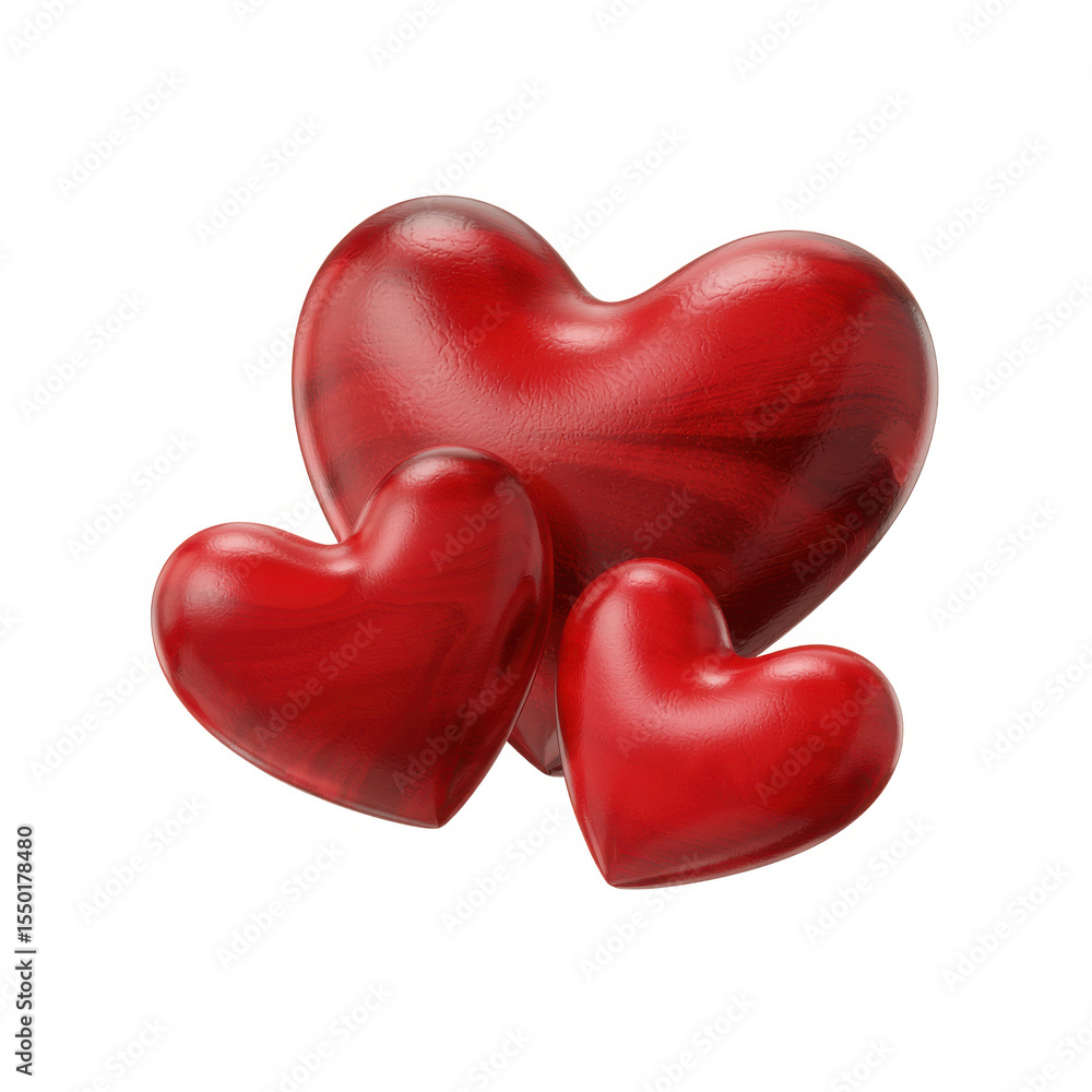 Poster three glossy red wooden hearts of varying sizes clustered together symbolizing love and affection is