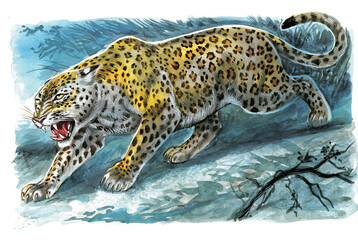 Leopard walking and growling in the jungle