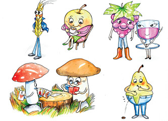 Funny cartoon fruits, vegetables and mushrooms living like humans