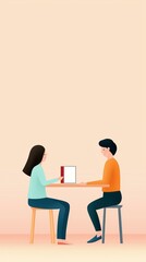 Candid conversation between friends cozy digital art minimalist setting eye-level perspective connection and warmth