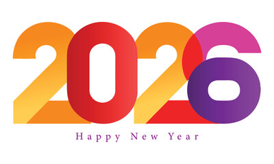 Happy new year 2026 greeting with colorful gradient numbers and text on a white background celebrating the start of the new year with vibrant design elements