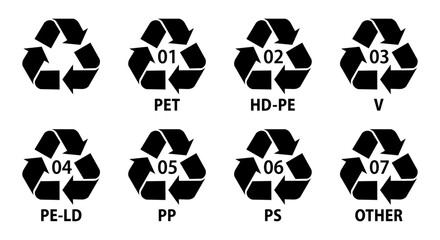 Plastic recycling code symbols 01 to 07, PETE, HDPE, PVC, LDPE, PP, PS, OTHER icons, Recycle symbols for plastic Identification, Eco waste sorting, Vector illustration.