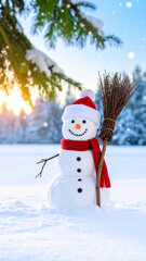 Merry christmas and happy new year greeting card, Happy snowman standing in christmas landscape, Snow background.Winter fairytale