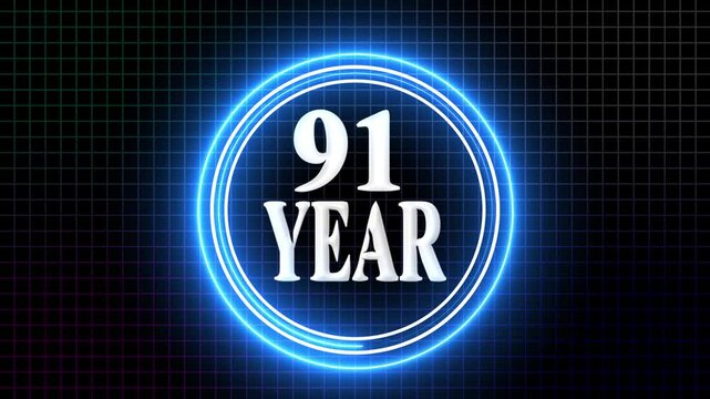 91 Year Anniversary Celebration Graphic Futuristic 91-Year Event Highlight Glowing Neon 91-Year Animation. on the black background.
