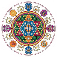 Colorful Sacred Geometry Mandala Vector: Spiritual Symbols, Star of David, Wellness & Unity Art