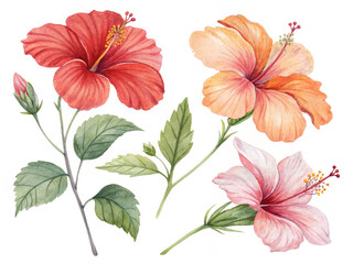 Watercolor clipart set of hibiscus flowers in multiple views. Bright tropical blooms in red, orange, and pink tones. Hand-painted and perfect for exotic design. Isolated on white background.