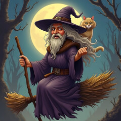 Obraz premium An AI illustration of a sorcerer flying on a broom with a black cat