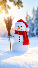 Obraz premium Merry christmas and happy new year greeting card, Happy snowman standing in christmas landscape, Snow background.Winter fairytale