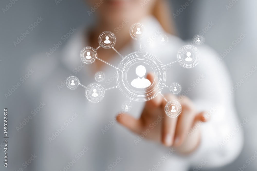 Poster Businesswoman interacting with digital CRM interface for customer data network and profile management visualization, Generative AI