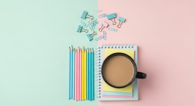 Coffee mug and colorful pencils on a pastel background