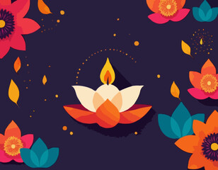 Diwali festival banner, card with symbols of holiday in minimal geometric style-oil lamp,lotus,fire.Template design for web and social media, Diwali festival with Rangoli decoration with Diya.Vector