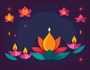 Diwali festival banner, card with symbols of holiday in minimal geometric style-oil lamp,lotus,fire.Template design for web and social media, Diwali festival with Rangoli decoration with Diya.Vector