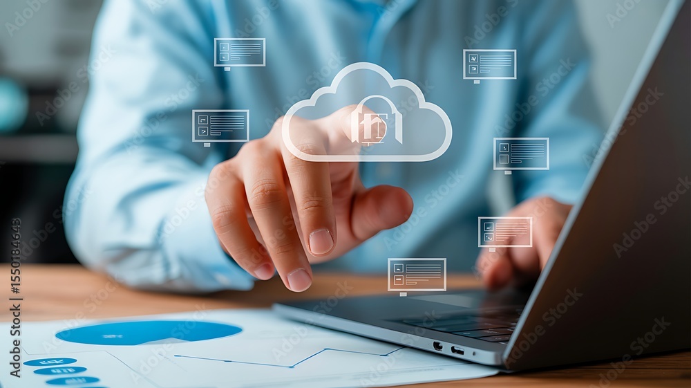 Poster cloud computing interface: a digital interface where a hand hovers near a cloud-shaped graphic, symb