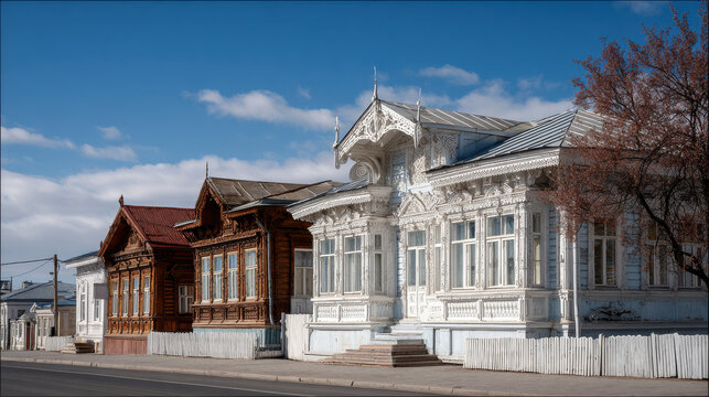 stunning view of unique wooden houses in tomsk showcasing intricate carving details and traditional architecture